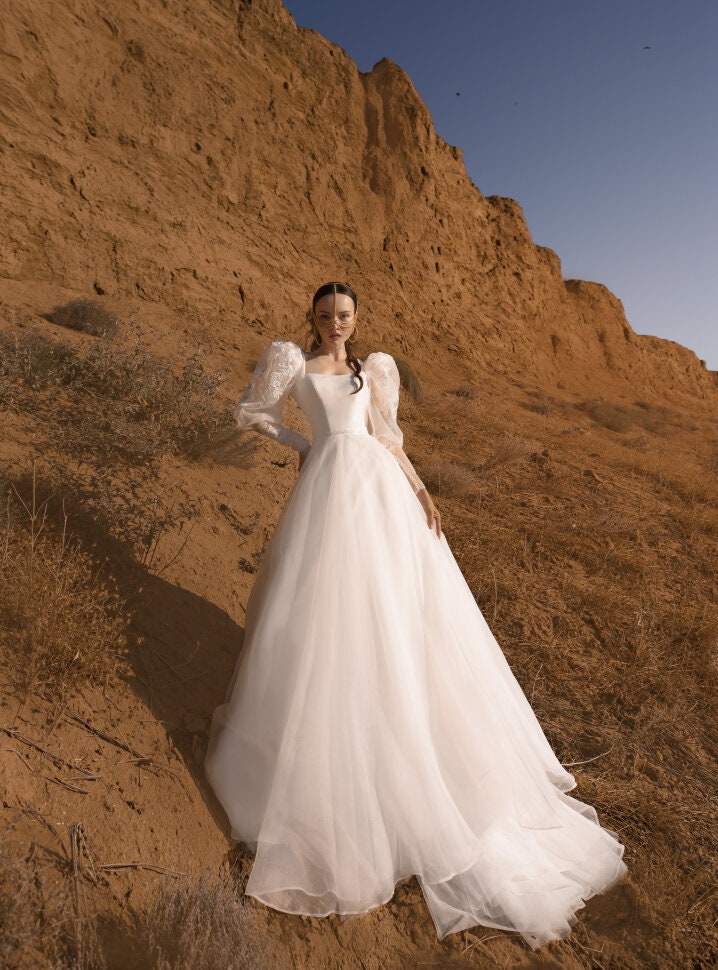 Minimalist Style Square Neckline Aline Wedding Dress Bridal Gown Long Puff Shoulder Sleeves Open V Back with Train Lace Details