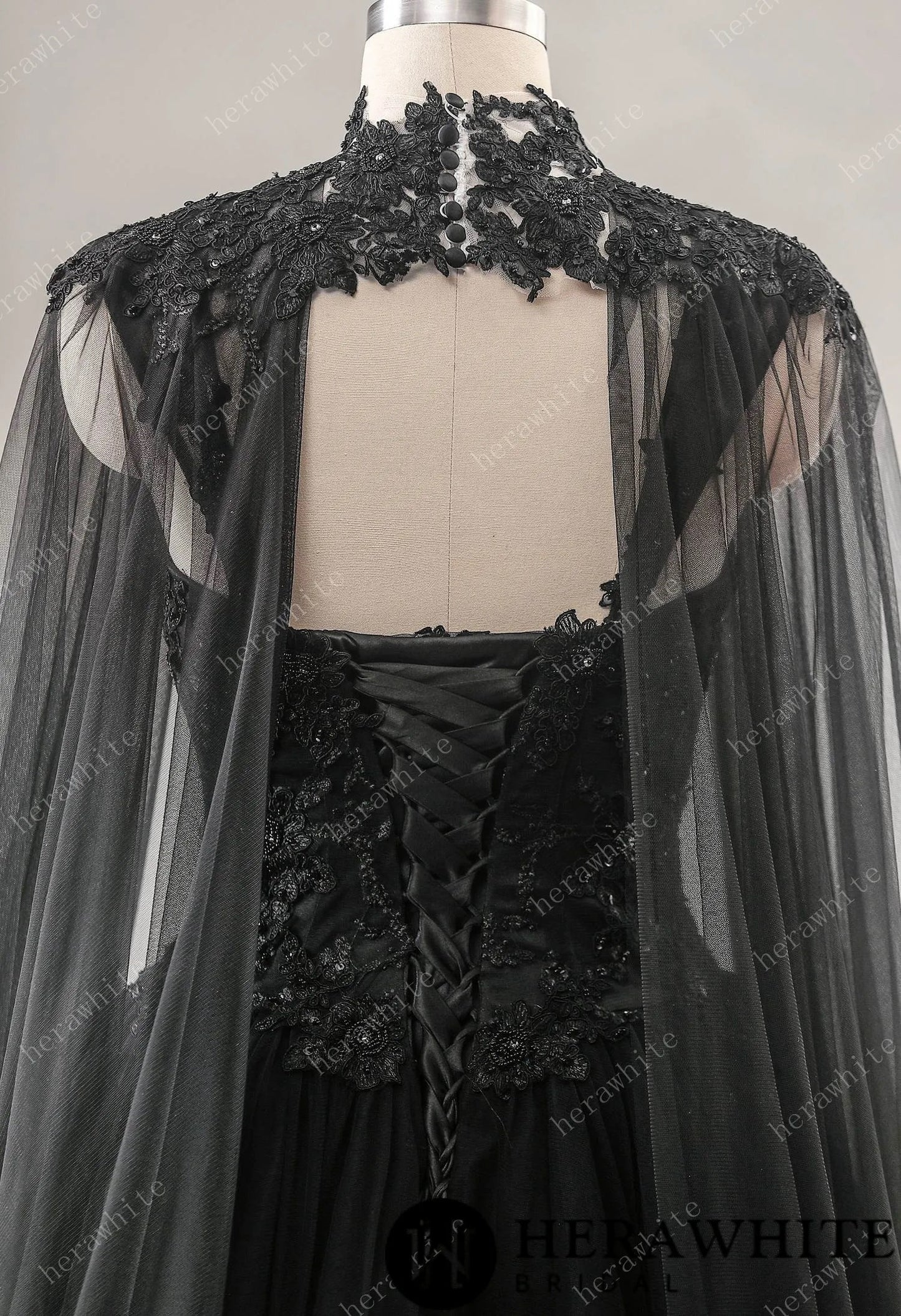 Gothic Black Modern Wedding Dress Sleeveless Bridal Gown Aline Sweetheart Neckline Corset Lace Up Back Wide Straps Detachable Cape