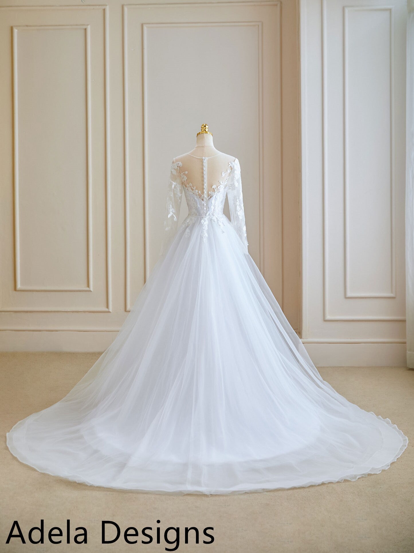 Long Sleeve Mermaid Wedding Dress Bridal Gown Detachable Tulle Train Illusion Open Back Buttons Lace