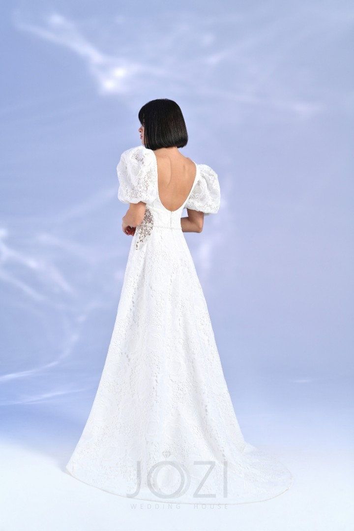 Beautiful ALine Short Puffy Sleeves All Over Floral Lace Square Neckline Wedding Dress Bridal Gown with Lace Train Low Open Back Sheer Sides