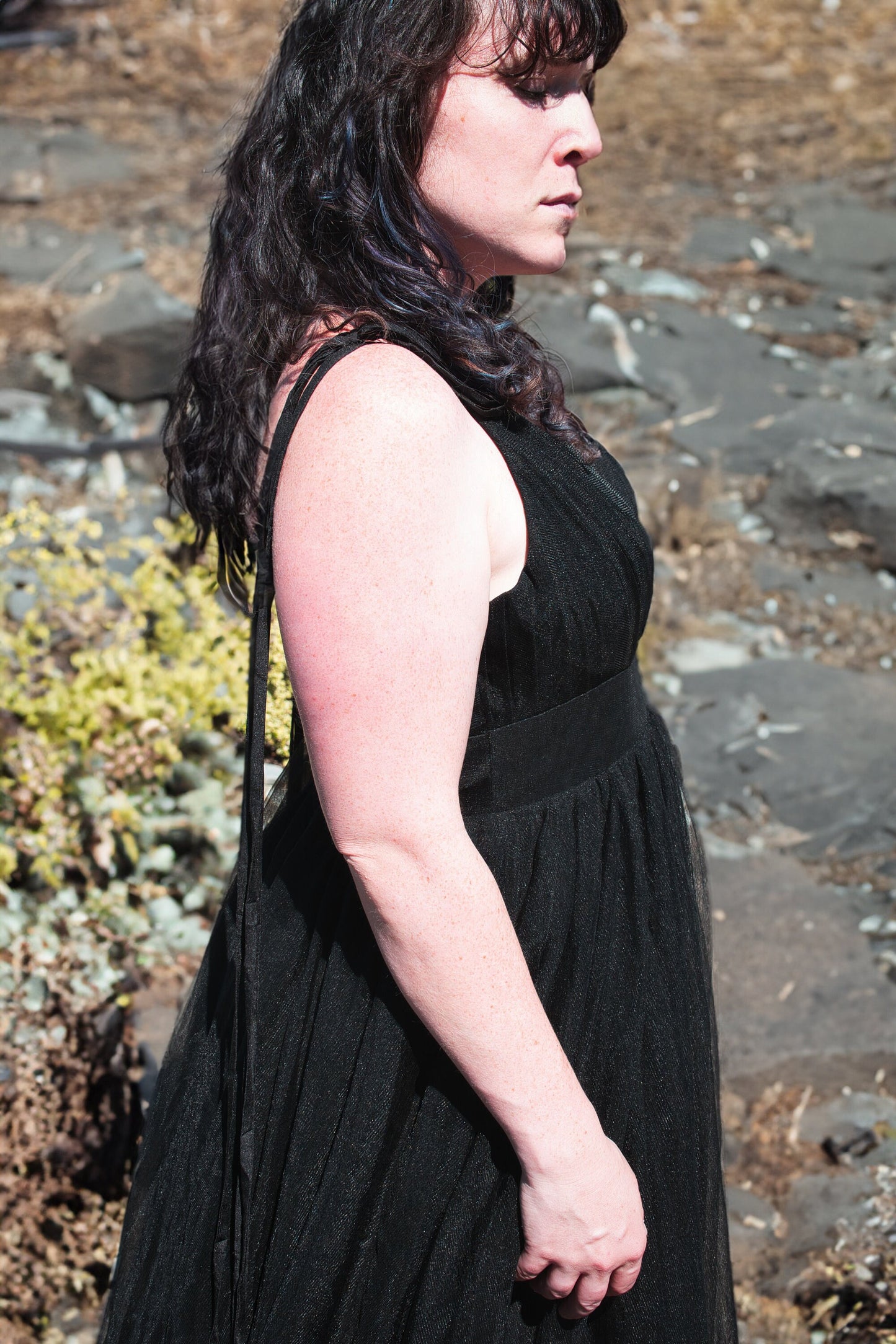 Simple Black ALine Sleeveless Tie Shoulder Deep V Neckline Sheer Tulle Skirt with Leg Slit Reception Gown Wedding Dress Bridal Gown