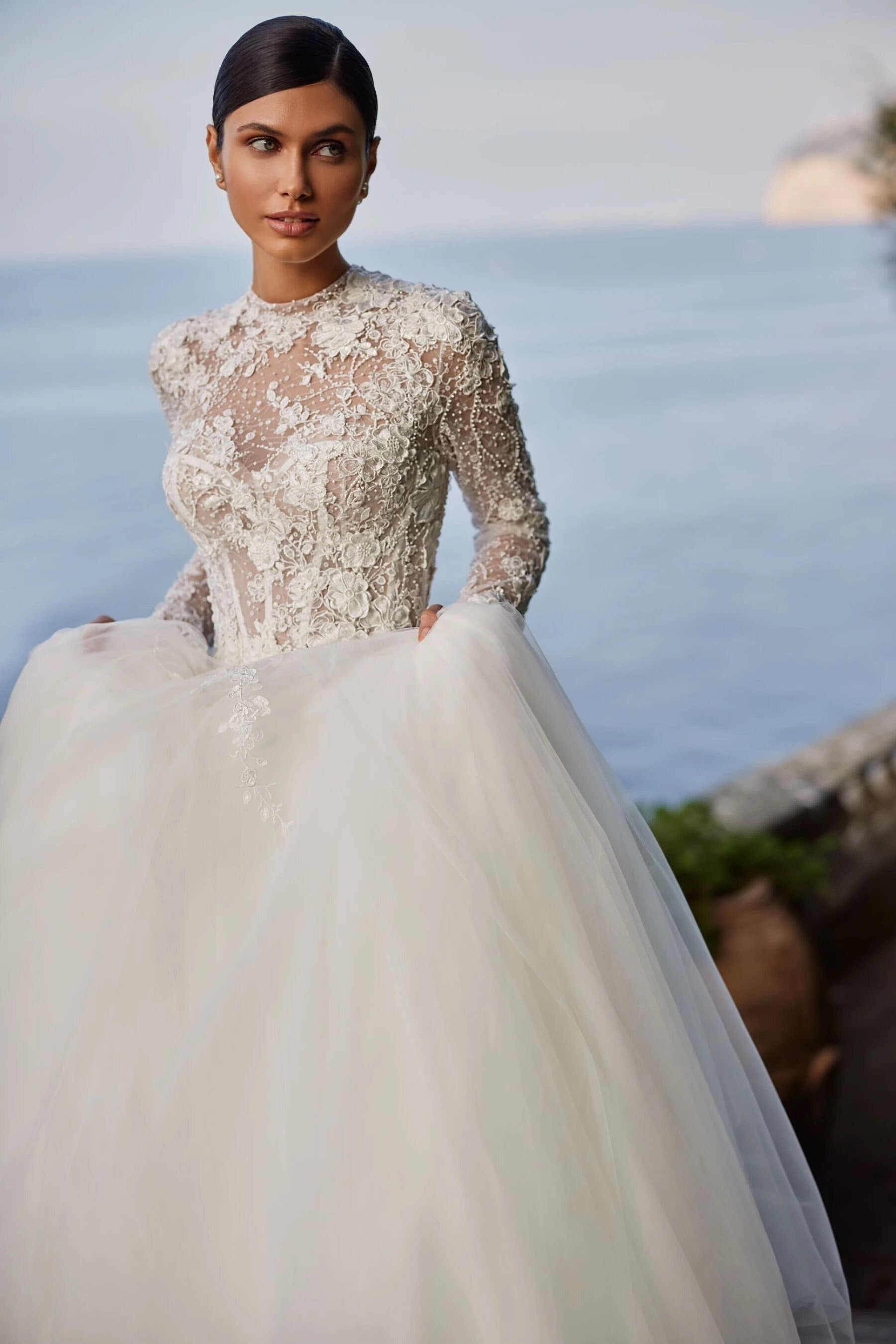 embroidered illusion mock neck wedding dress Embroidered Illusion Mock Neck Wedding Dress