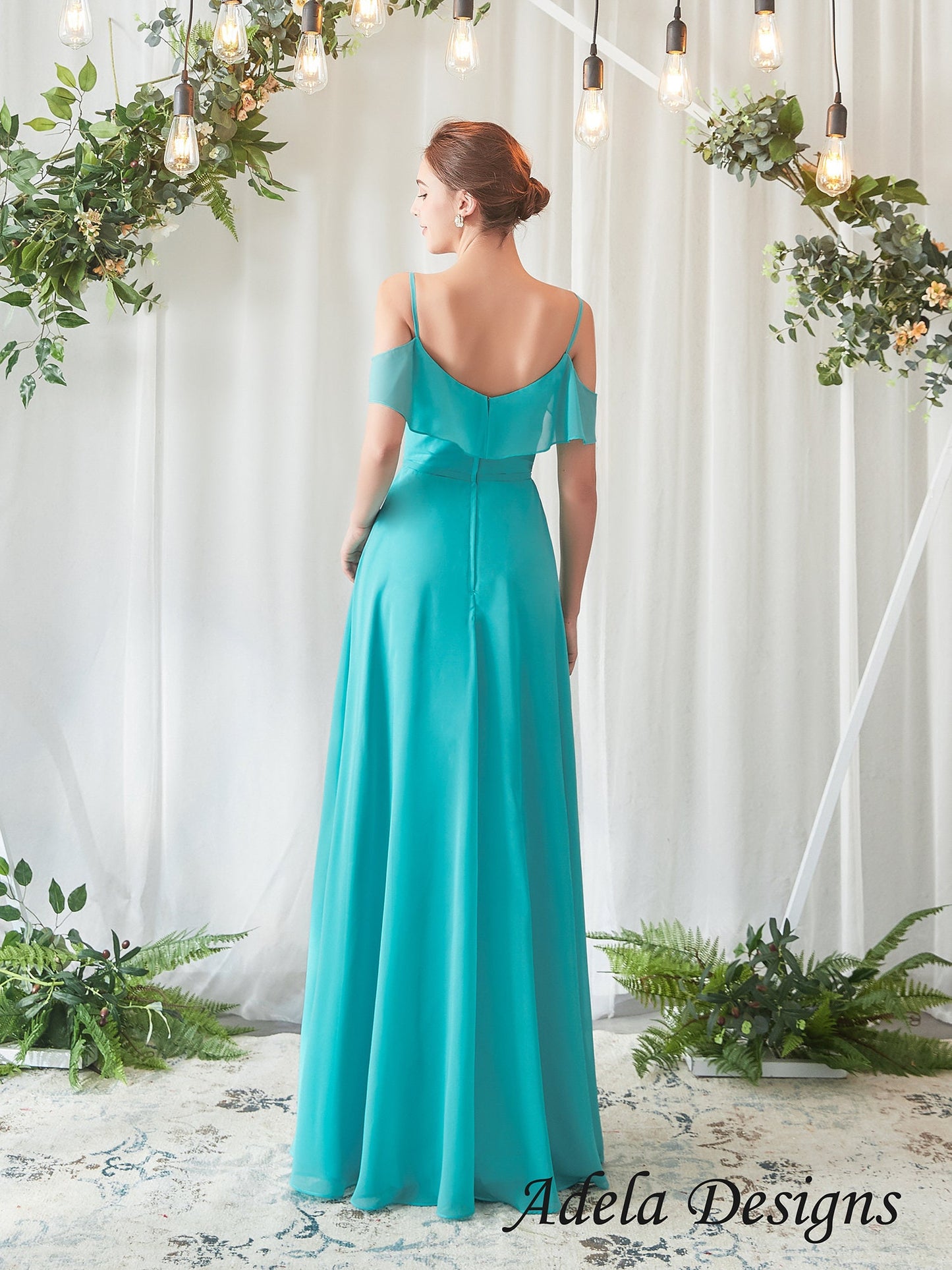 Cold Shoulder Sleeves Boho Bridesmaid Dress Formal Gown Prom Evening Gala Dress Aline Chiffon Fabric V Neck Open Back Beach Style Flowy