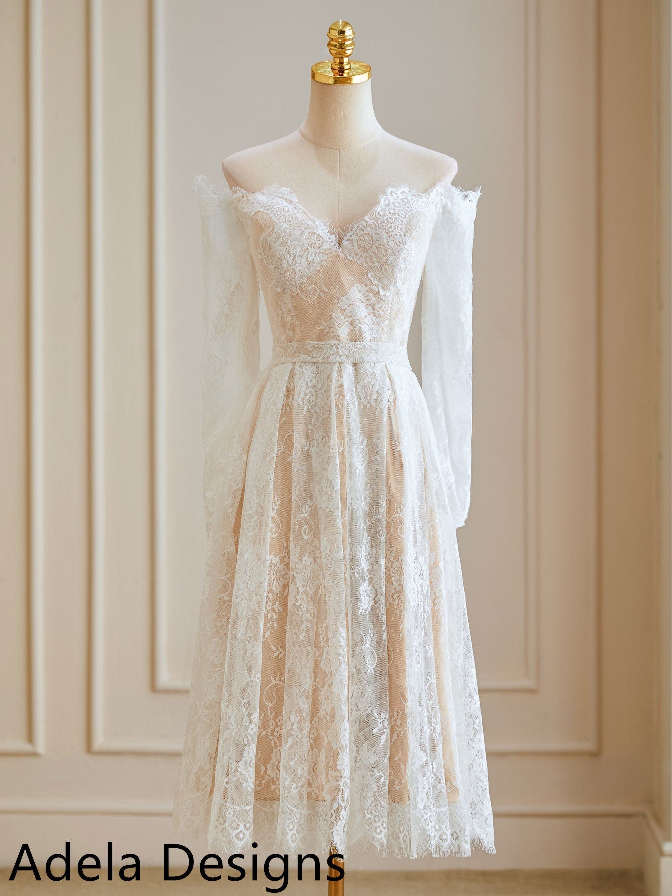 ALine V Neck Short Knee Length Wedding Dress Bridesmaid Formal Prom Gala Off The Shoulder Long Sleeve Design Simple Lace Prom