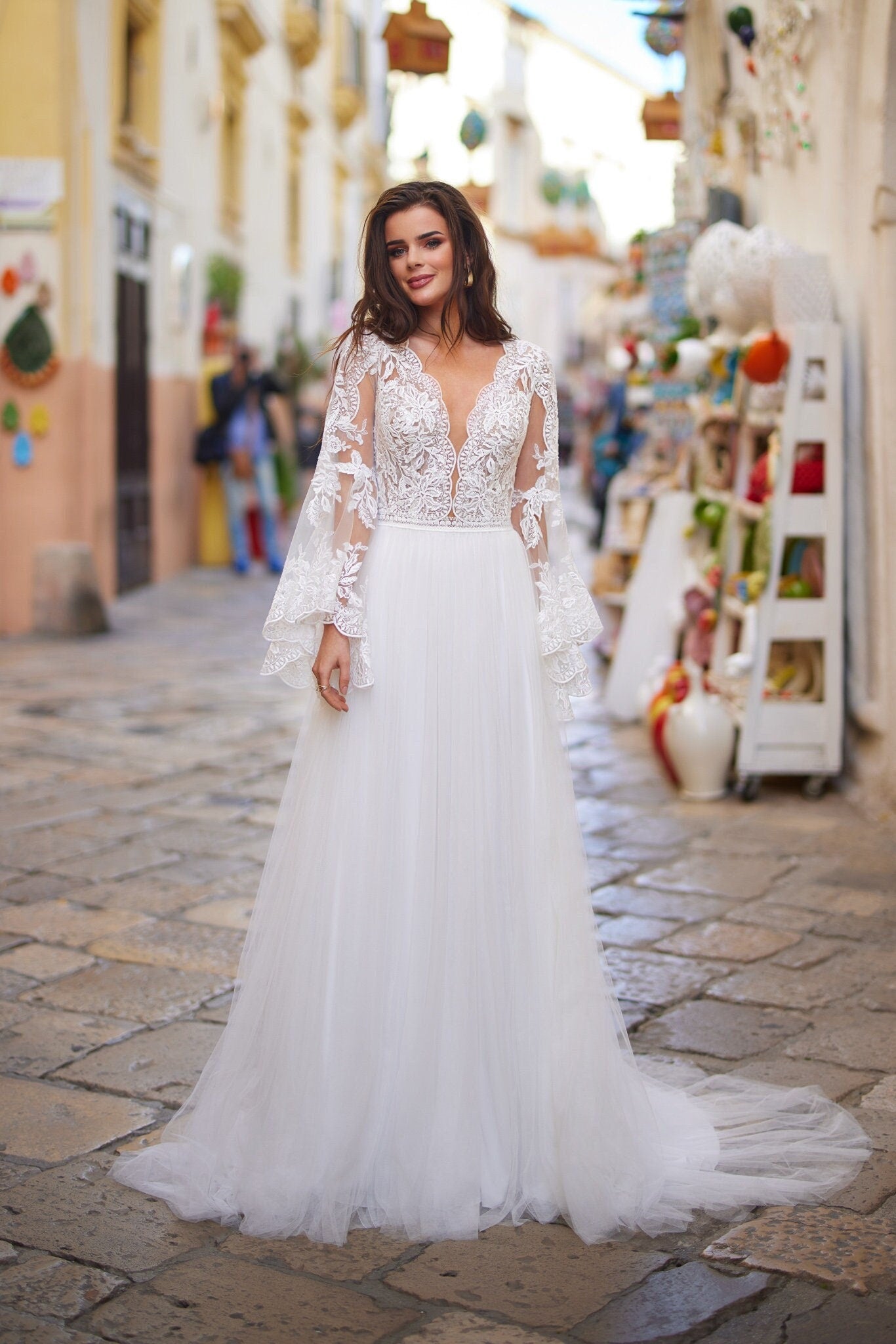 Florianna Boho Lace A-Line Wedding Dress with Bell Sleeves A & M Enterprises Bridal Florianna Boho Lace A-Line Wedding Dress with Bell Sleeves A & M Enterprises Bridal
