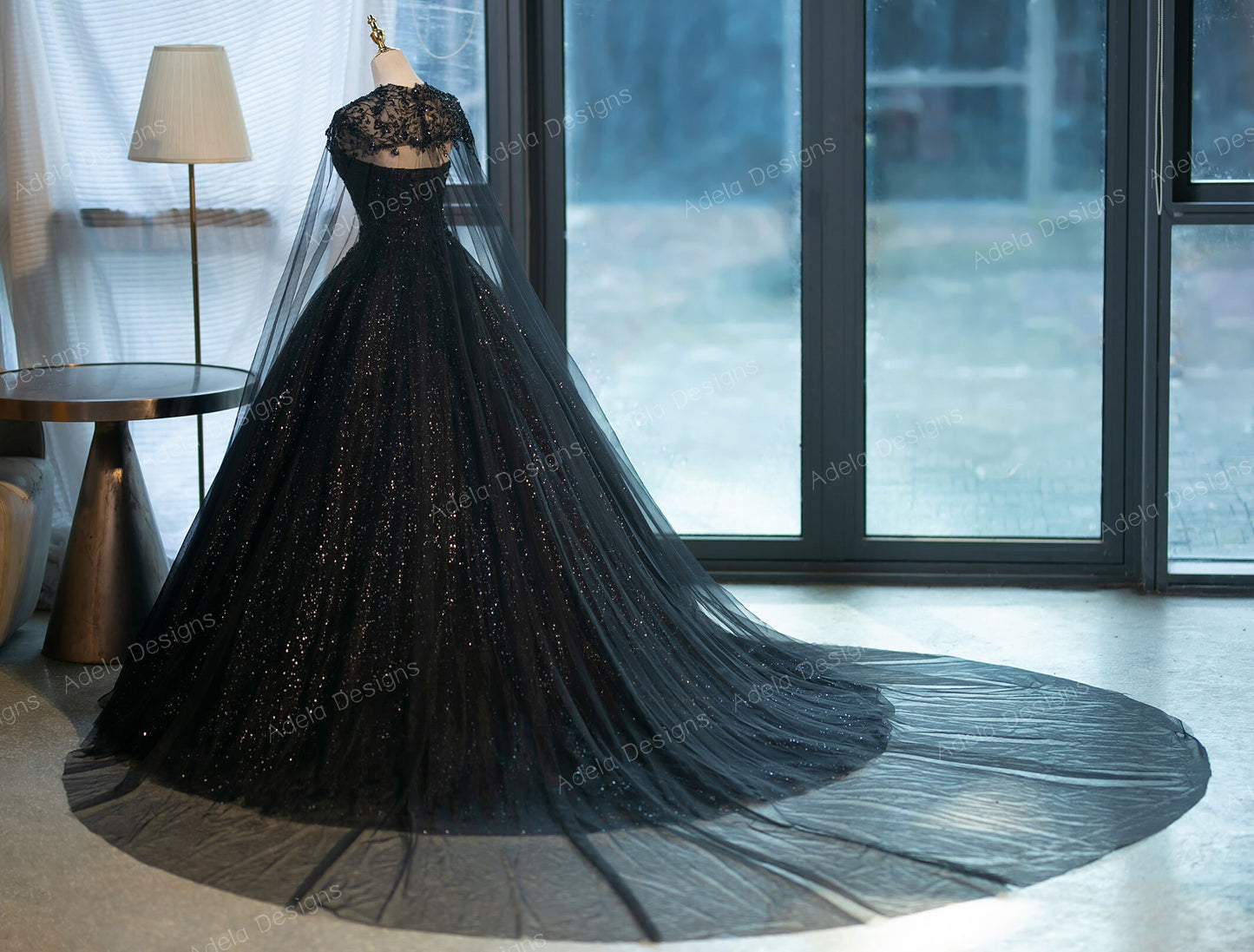 Untraditional Black Sparkle Ball Gown Gothic Wedding Dress Bridal Sleeveless Strapless Lace Cape Beaded Bodice Details Sweetheart Neckline