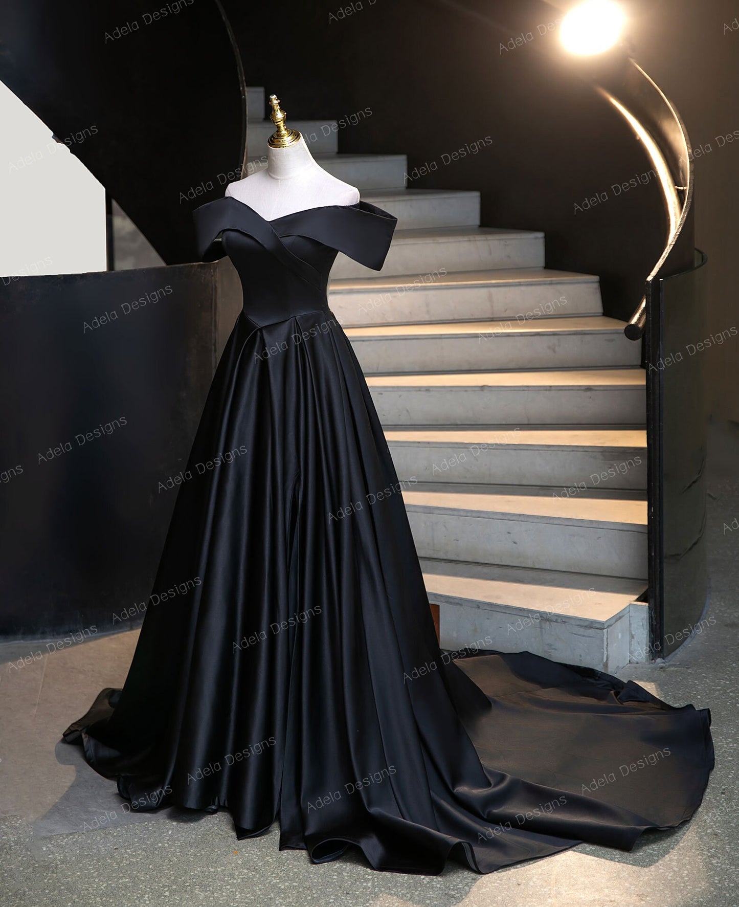 Classic Design Gothic Black Satin Wedding Dress Bridal Gown Off the Shoulder Neckline Open Back Aline with Corset Back