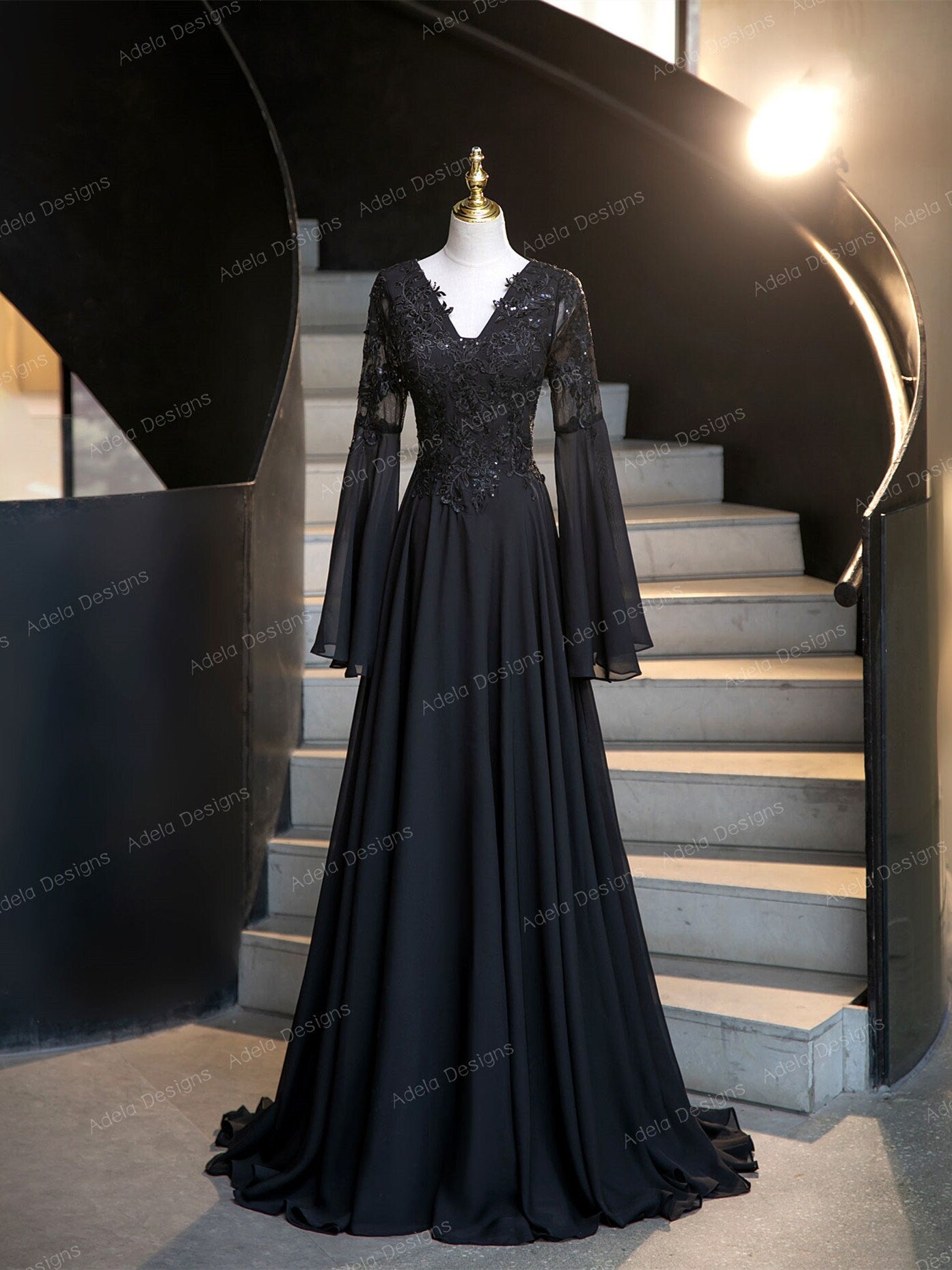 Octavia Black Lace Bell-Sleeve Wedding Dress