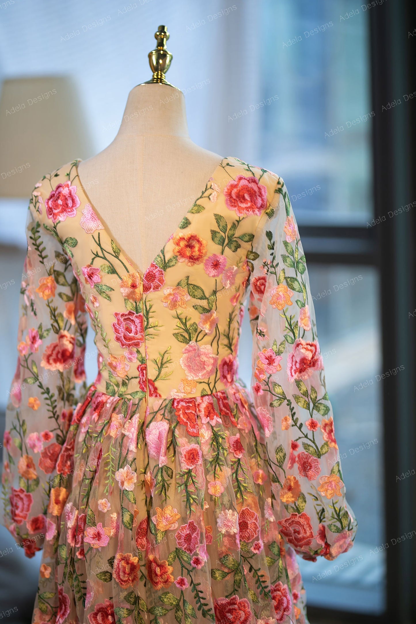 Floral Lace Aline Wedding Dress Bridal Gown Chamapgne V Neckline V Back Colorful Dress Long Bishop Sleeves Short Train