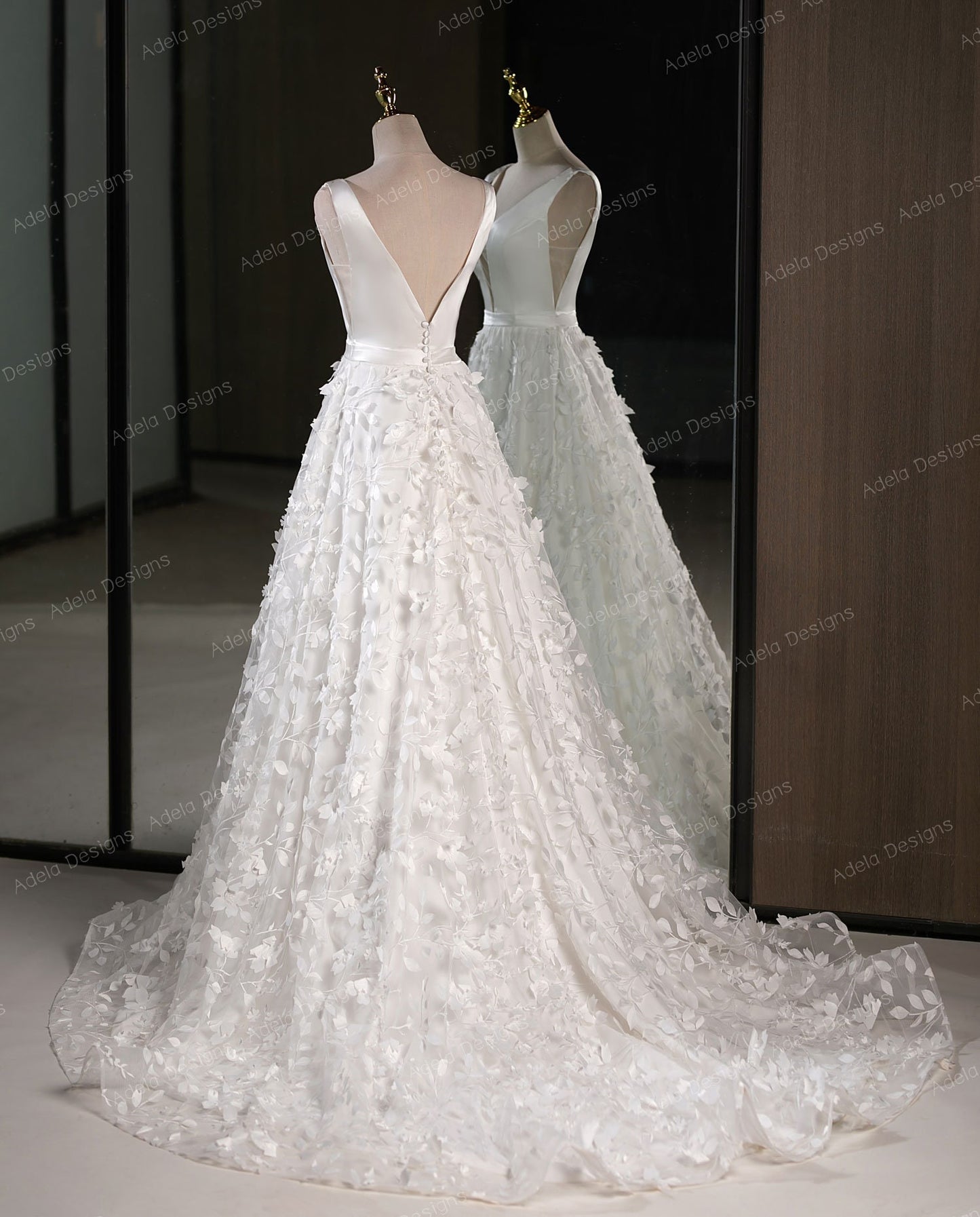 Aline Satin Sleeveless Bridal Gown Wedding Dress Aline Silhouette Deep V Neckline Open V Back 3D Floral Lace with Train