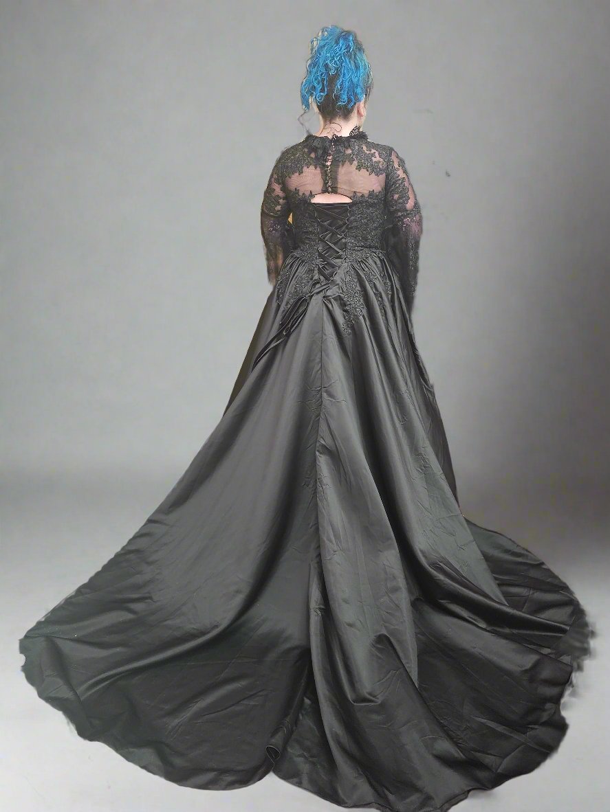 Untraditional Black Gothic Wedding Dress Bridal Long Bell Sleeves Lace with Train Beaded Bodice High Collar Neckline Illusion Back Corset