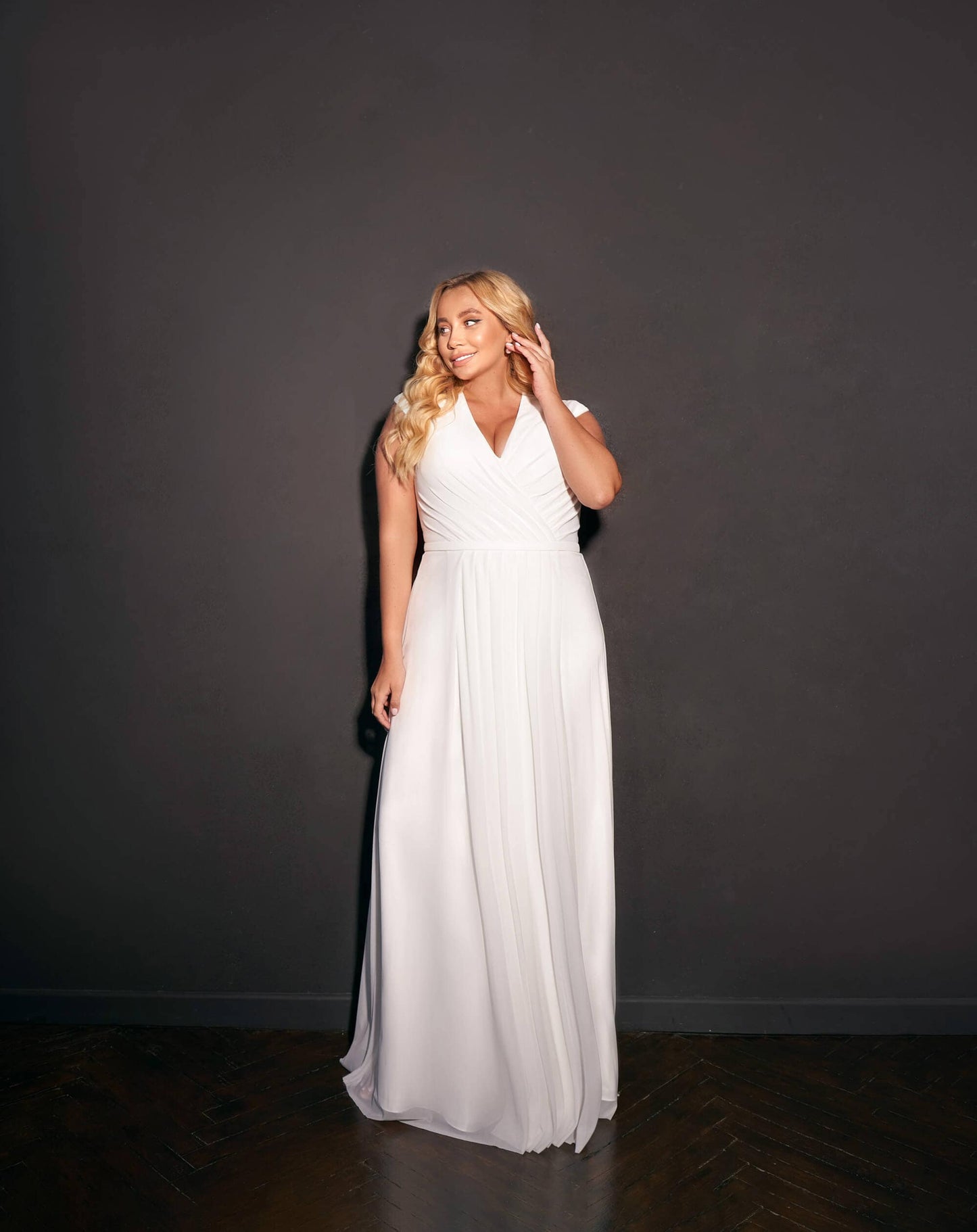 Beautiful Simple Wedding Dress Bridal Gown Comfortable Design V Neck Modest Closed Back V Neckline Cap Sleeve Flowy Design Gathered Bodice