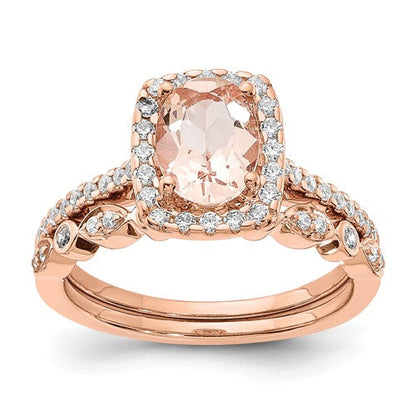 14k Rose Gold Oval Morganite Diamond Halo Engagement Ring