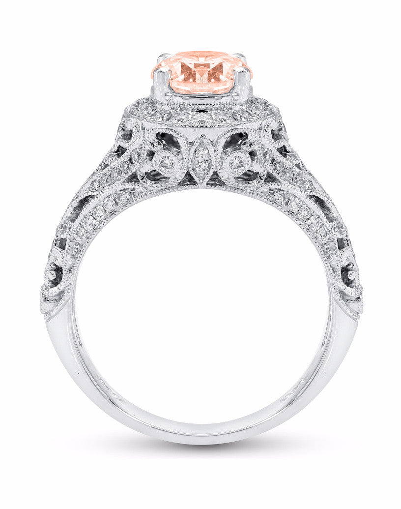14k White Gold Round Morganite and Diamond Halo Vintage Style Engagement Ring