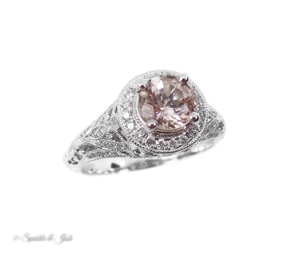 14k White Gold Round Morganite and Diamond Halo Vintage Style Engagement Ring