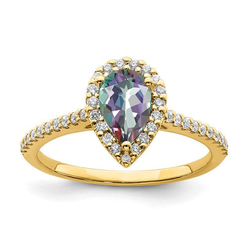 14k Yellow Gold Pear Mystic Fire Topaz and Diamond Halo Engagement Ring