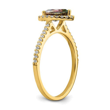 14k Yellow Gold Pear Mystic Fire Topaz and Diamond Halo Engagement Ring