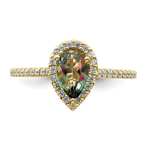 14k Yellow Gold Pear Mystic Fire Topaz and Diamond Halo Engagement Ring