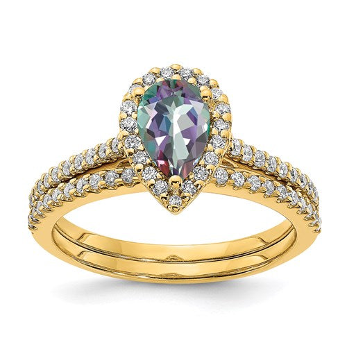 14k Yellow Gold Pear Mystic Fire Topaz and Diamond Halo Engagement Ring