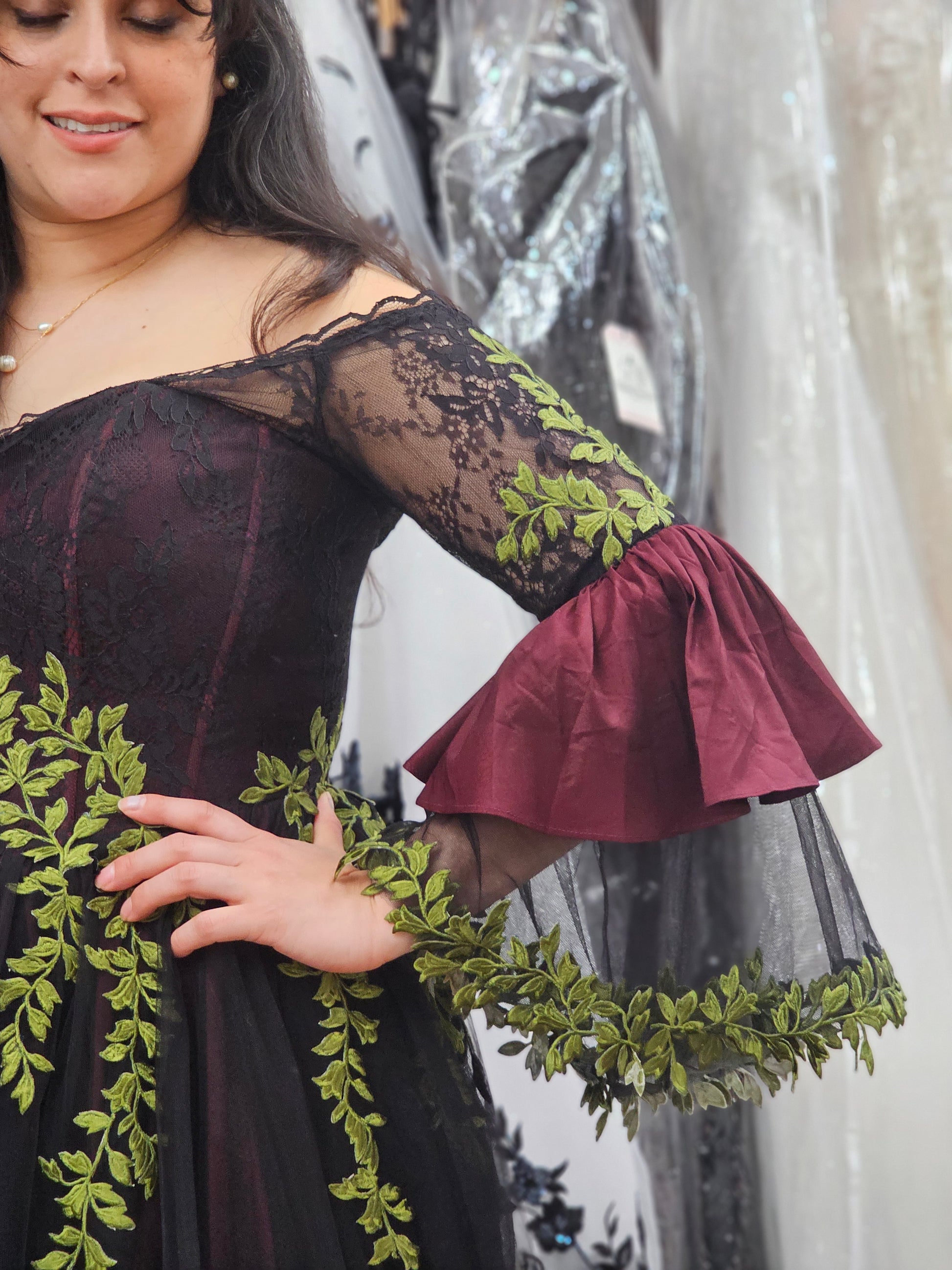 Mystic Ivy Black and Burgundy Renaissance Gown Gothic Fantasy Wedding Dress A & M Enterprises Bridal Mystic Ivy Black and Burgundy Renaissance Gown Gothic Fantasy Wedding Dress A & M Enterprises Bridal