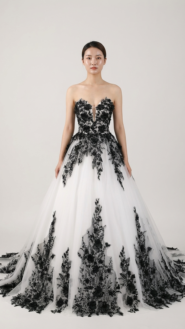 Ivory ball gown wedding dress with black lace appliqué and strapless bodice