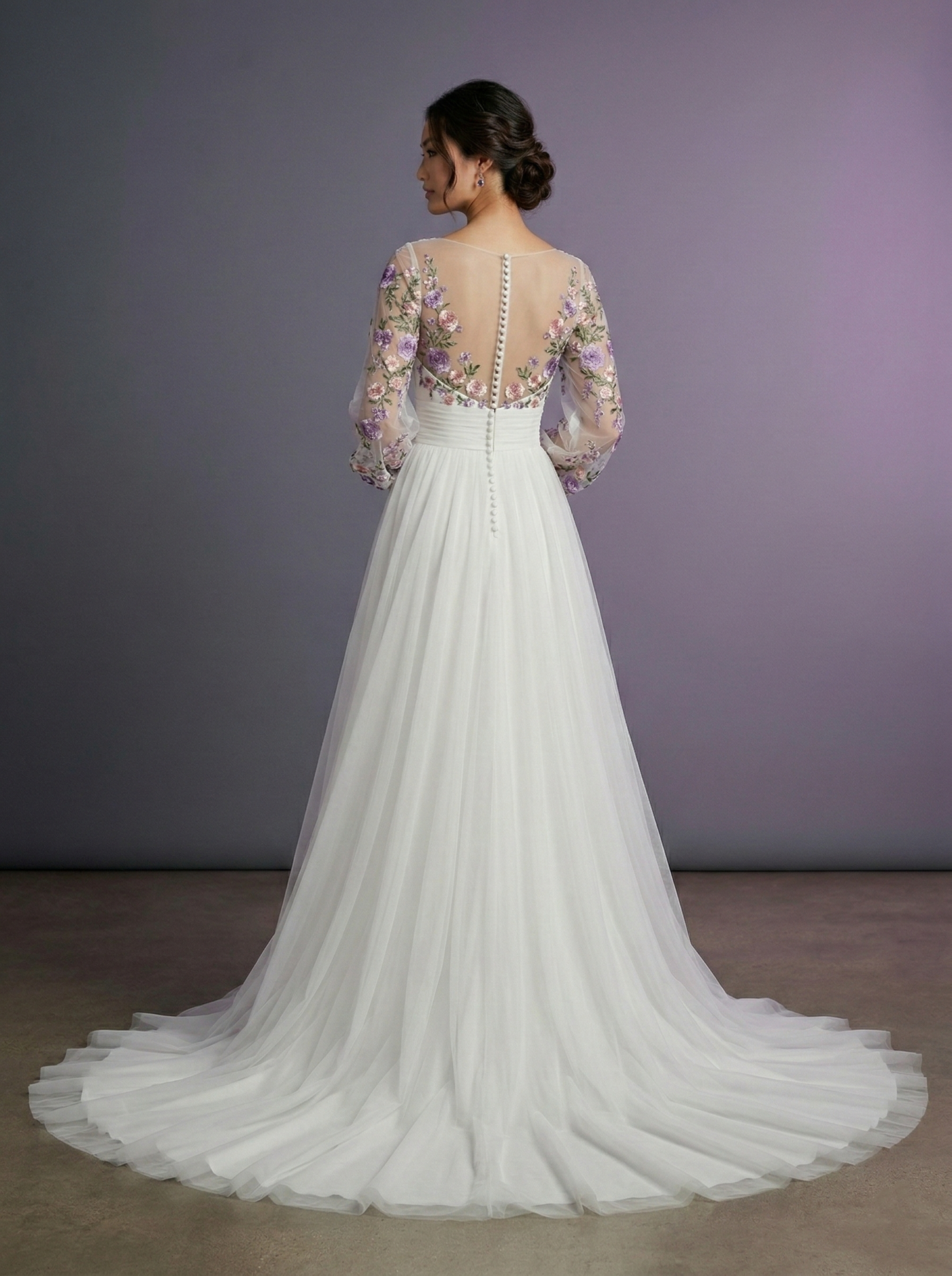 Back view of Violet Sonata bridal gown with illusion back and embroidered floral sleeves