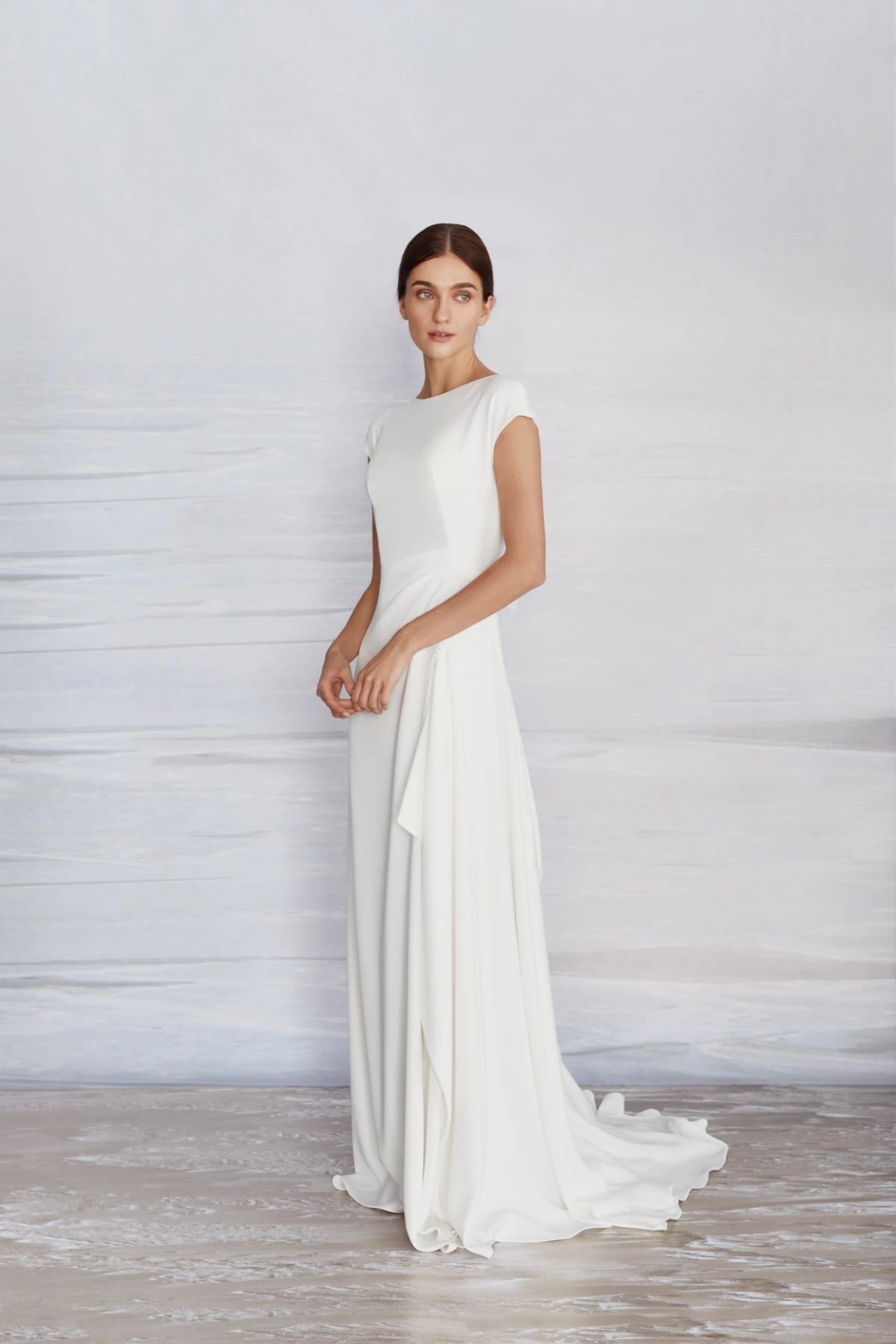 Stream by Liretta – Minimalist Ivory Bridal Gown with Asymmetrical Hem – A & M Enterprises Bridal