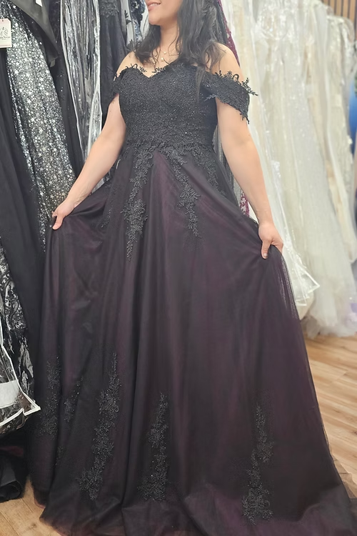 Lysandra Gothic Wedding Dress Black Lace Ball Gown in Green, Purple or Red | Adela Designs A & M Enterprises Bridal Lysandra Gothic Wedding Dress Black Lace Ball Gown in Green, Purple or Red | Adela Designs A & M Enterprises Bridal