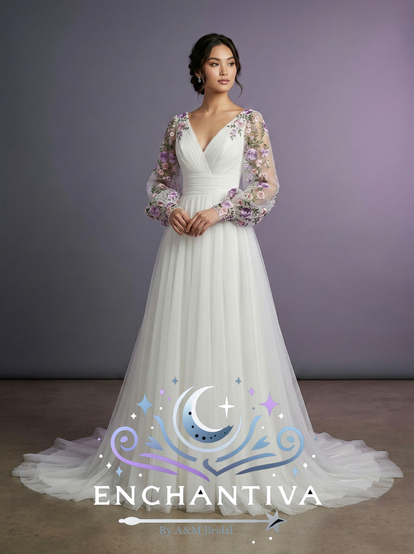 Violet Sonata floral sleeve wedding dress with lavender embroidered sleeves and flowing A-line skirt