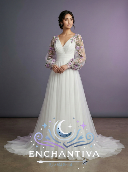 Violet Sonata floral sleeve wedding dress with lavender embroidered sleeves and flowing A-line skirt