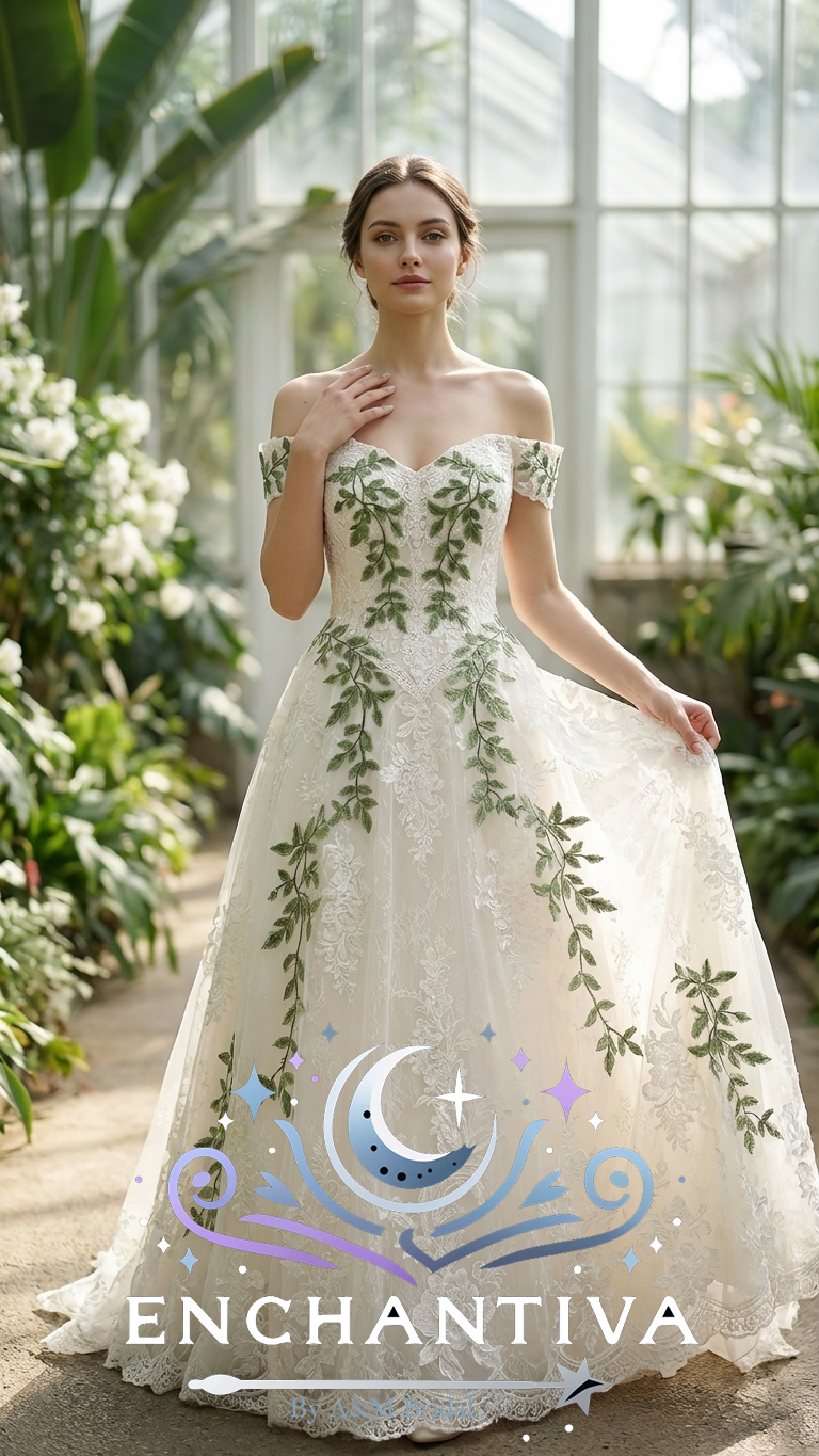 floral lace wedding dress with green embroidery