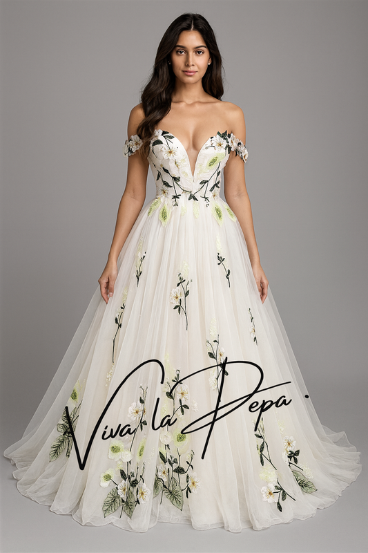 Adelina wedding dress with ivory tulle and green botanical embroidery