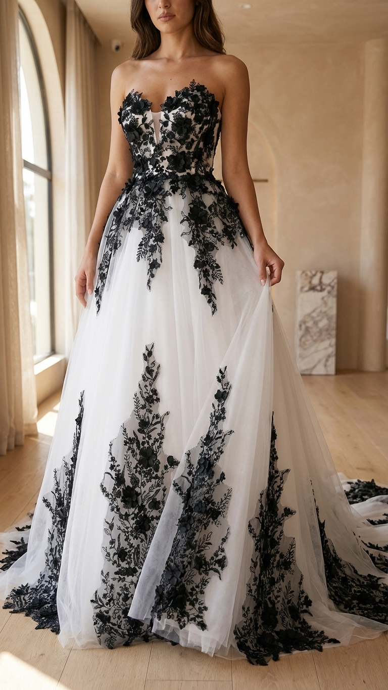 Alternative wedding dress with black lace and structured ivory bodice