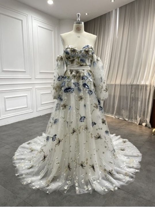 Alyssa blue floral lace wedding dress front—ivory A-line with off-shoulder sleeves and embroidered bodice