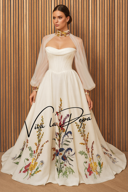 Ambretta floral bridal gown with detachable long bishop sleeves.