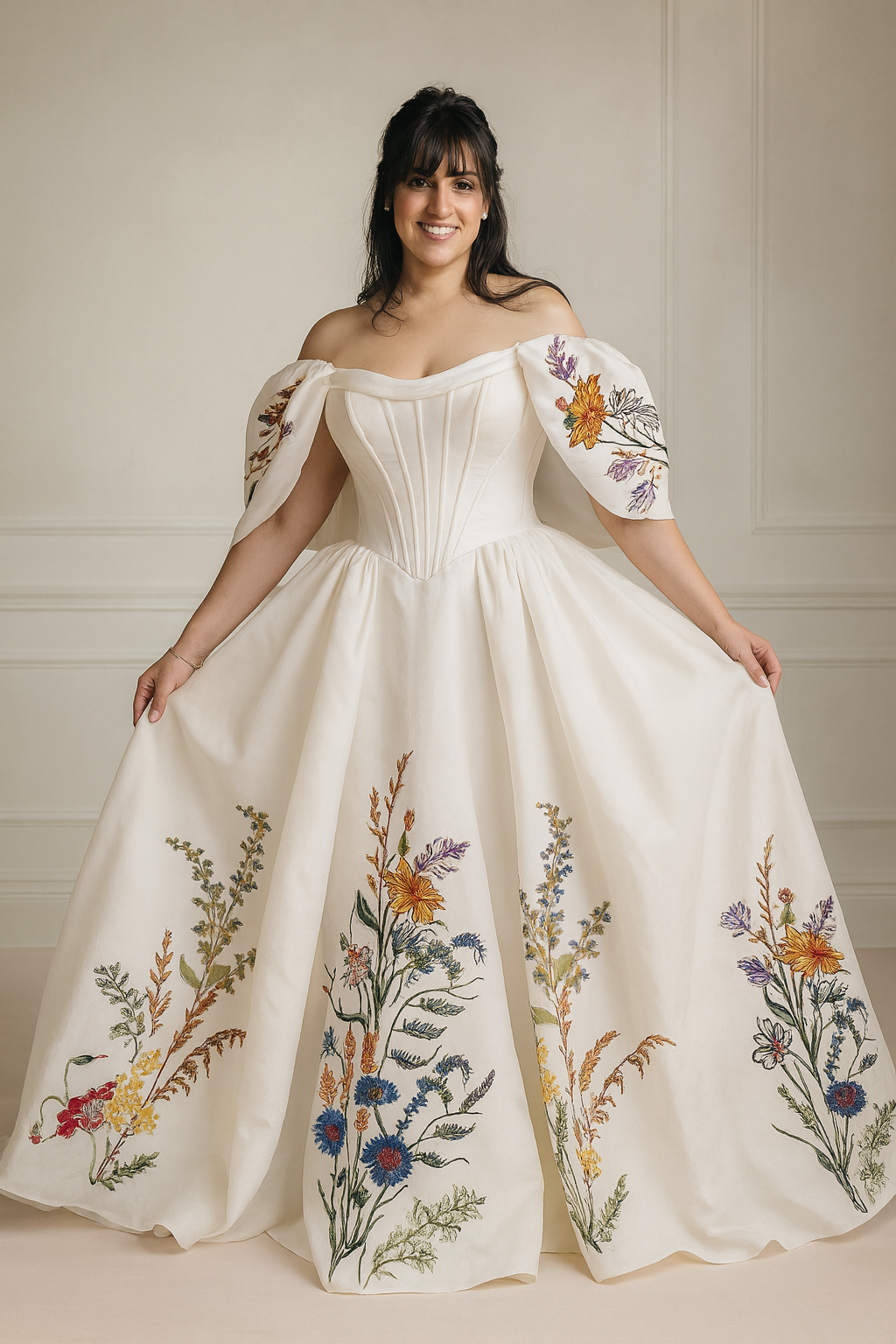 Ambretta wedding dress with multicolor floral embroidery and detachable off-shoulder sleeves.
