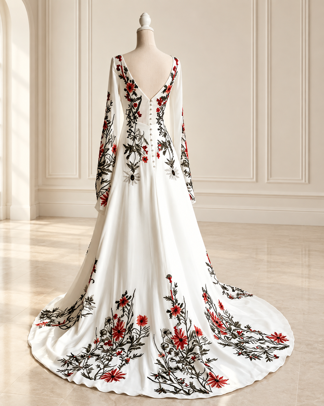 Back of Margot floral wedding gown with V-shaped neckline and red botanical embroidery across the sweeping train