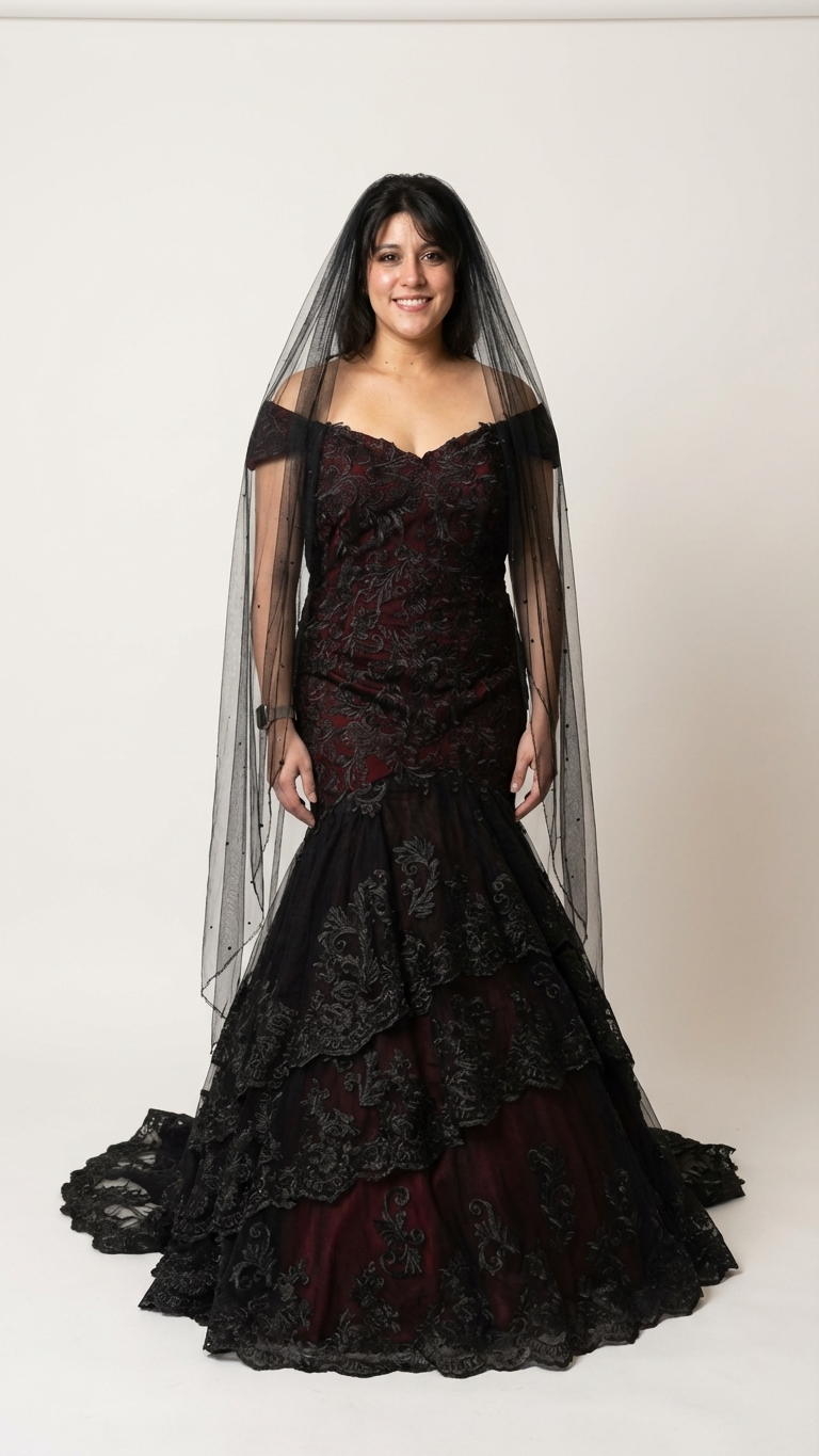 Black and red gothic wedding dress with mermaid silhouette