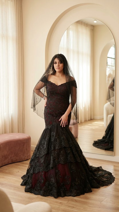 Alternative bridal gown with black lace and crimson lining