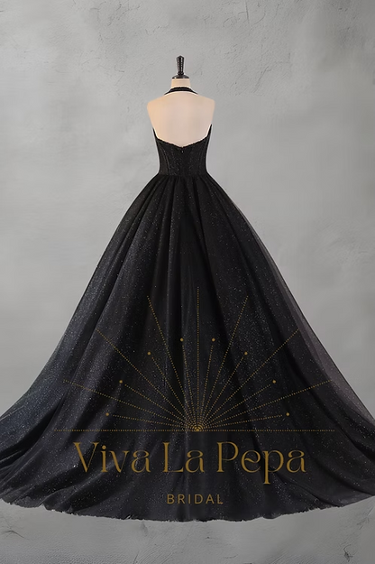 Black ball gown wedding dress dramatic skirt