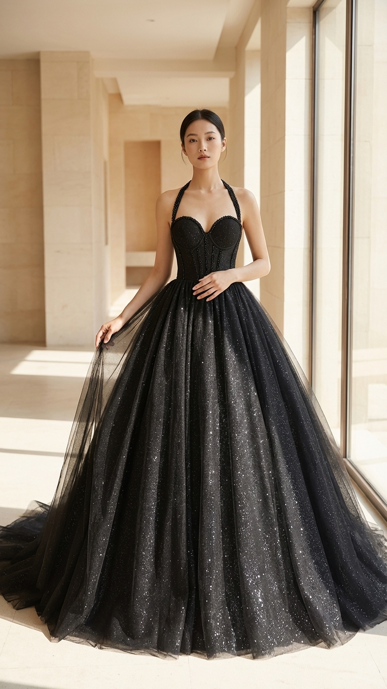 Black sparkle wedding dress halter neckline
