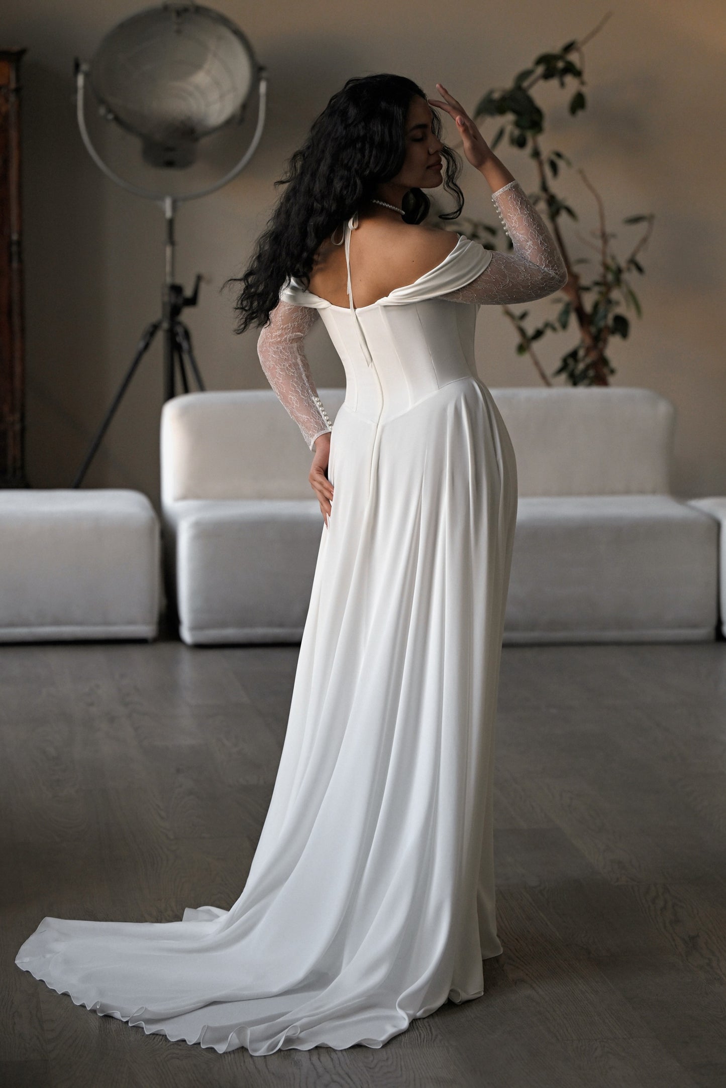 Briz wedding gown back view with draped off-shoulder neckline and sweep train – Kookla by Tatiana Kaplun