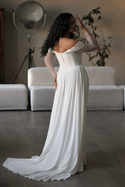 Briz wedding gown back view with draped off-shoulder neckline and sweep train – Kookla by Tatiana Kaplun