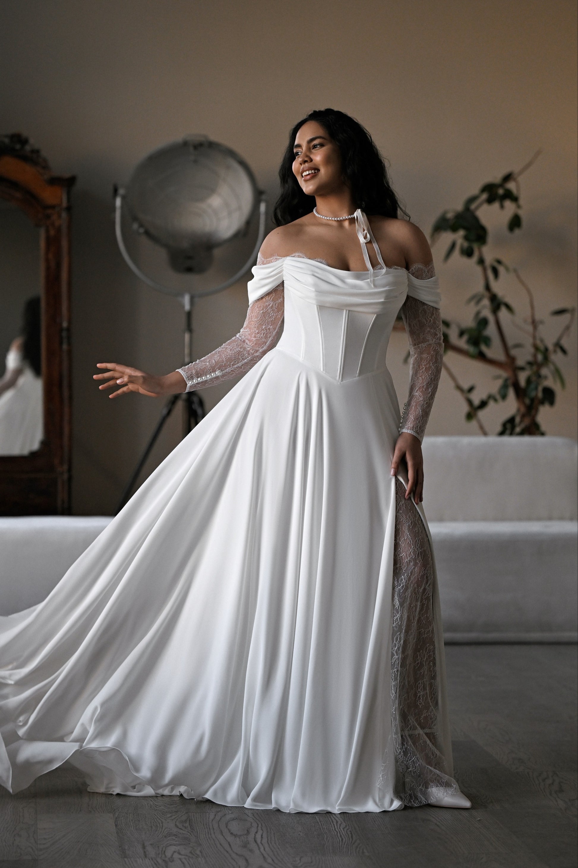 Briz off-shoulder crepe-georgette wedding dress with lace sleeves, corset bodice and side slit – Kookla by Tatiana Kaplun