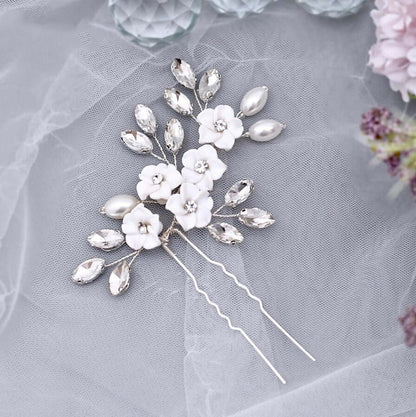 "Abranna" - Ceramic Flowers and Pearls Bridal Hair Pin