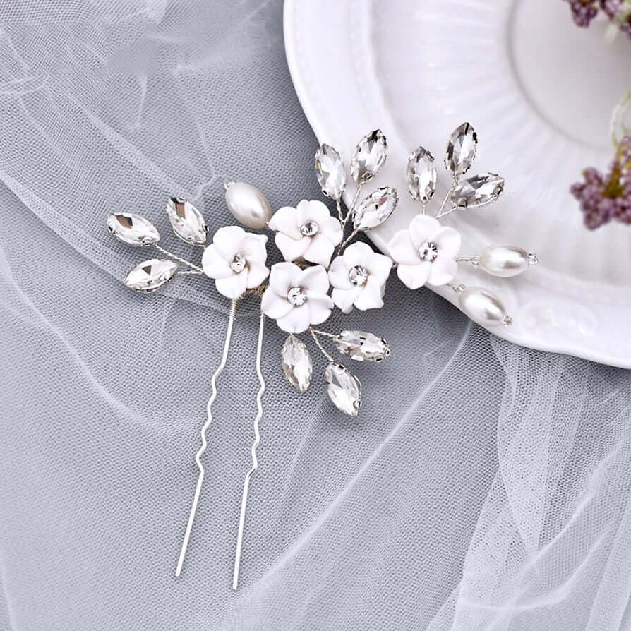 "Abranna" - Ceramic Flowers and Pearls Bridal Hair Pin