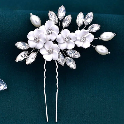 "Abranna" - Ceramic Flowers and Pearls Bridal Hair Pin