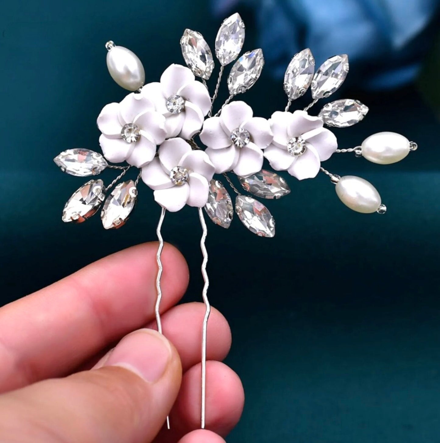 "Abranna" - Ceramic Flowers and Pearls Bridal Hair Pin