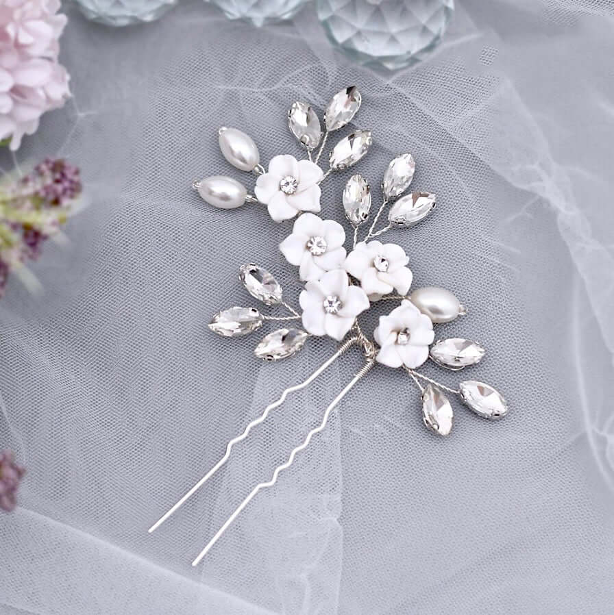 "Abranna" - Ceramic Flowers and Pearls Bridal Hair Pin