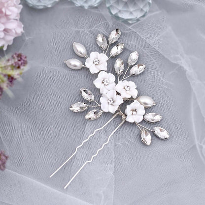 "Abranna" - Ceramic Flowers and Pearls Bridal Hair Pin